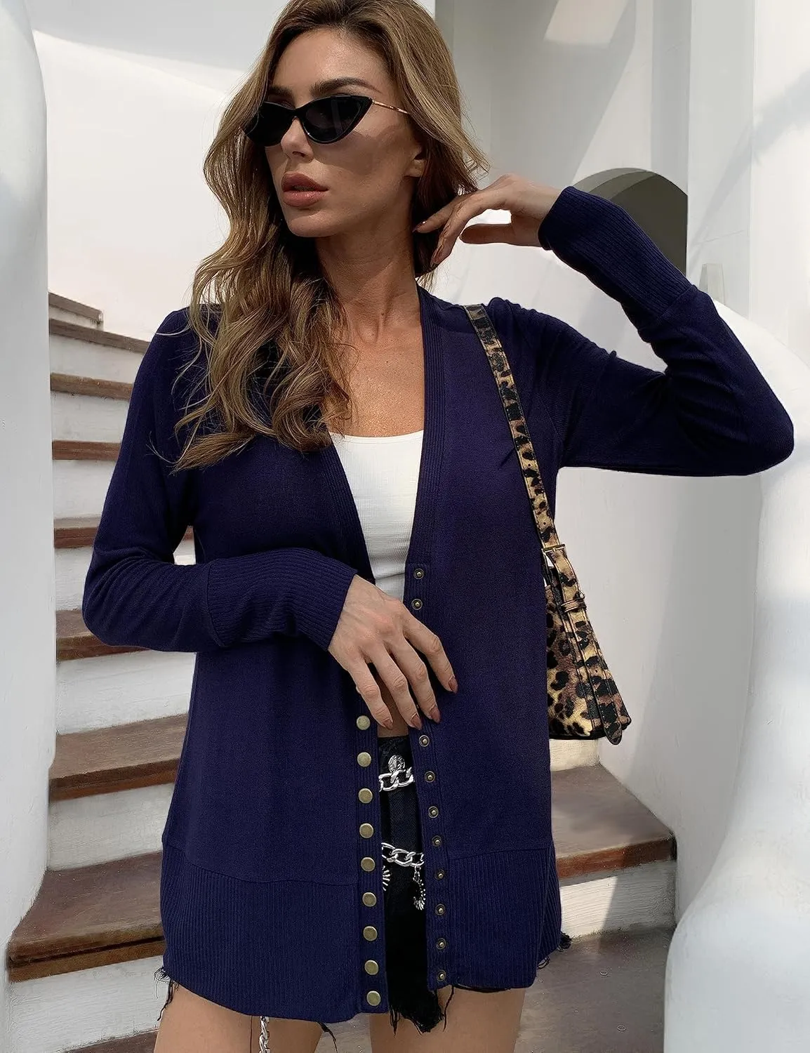 Traleubie Women's Long Sleeve V-Neck Button Down Knit Open Front Cardigan Sweater