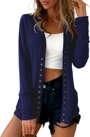 Traleubie Women's Long Sleeve V-Neck Button Down Knit Open Front Cardigan Sweater