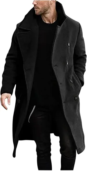 Trench Coat for Men Fashion Wool Blends Single Breasted Notched Collar Pea Coat Cotton-Padded Slim Fit Coat for Winter