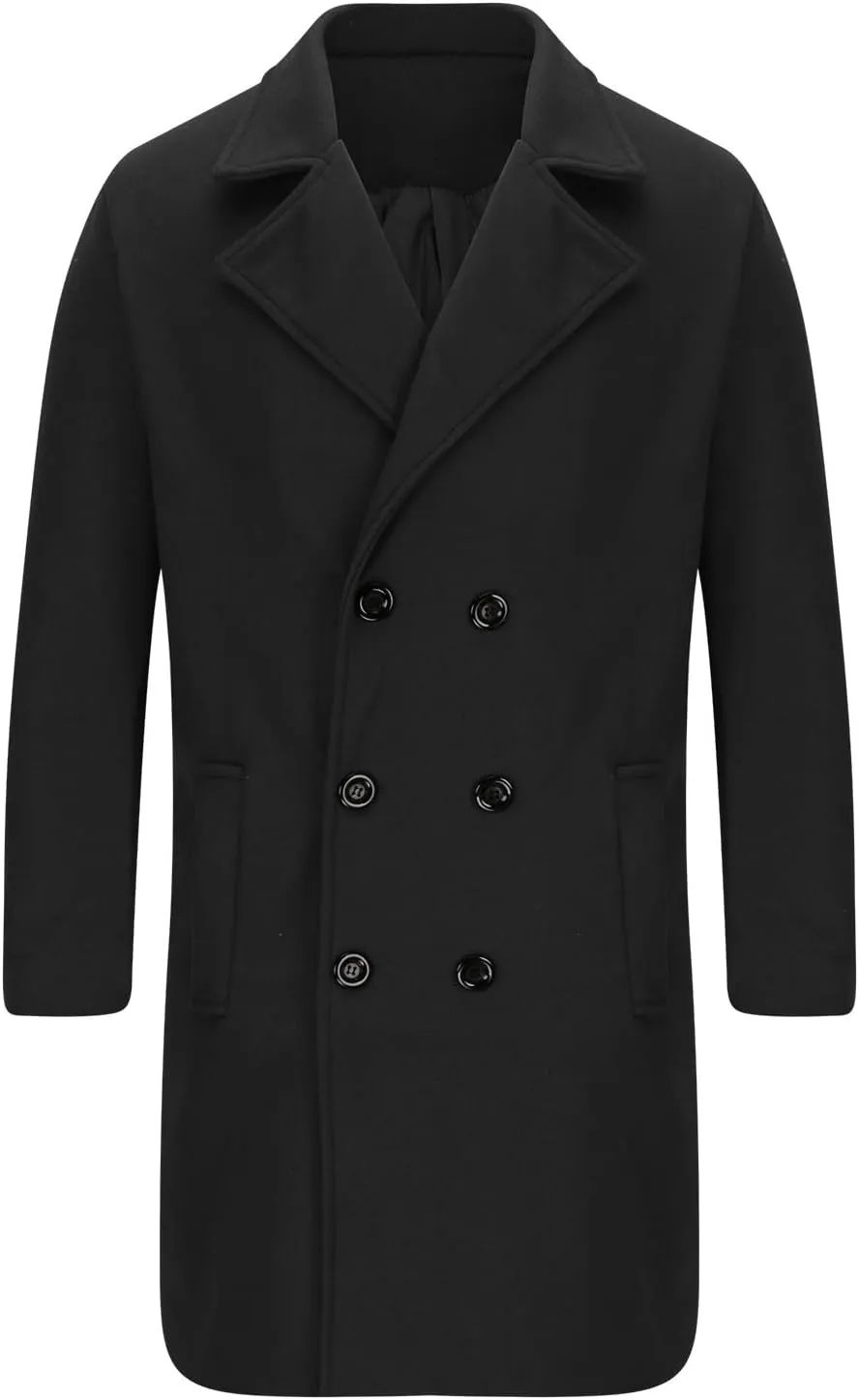 Trench Coat for Men Fashion Wool Blends Single Breasted Notched Collar Pea Coat Cotton-Padded Slim Fit Coat for Winter