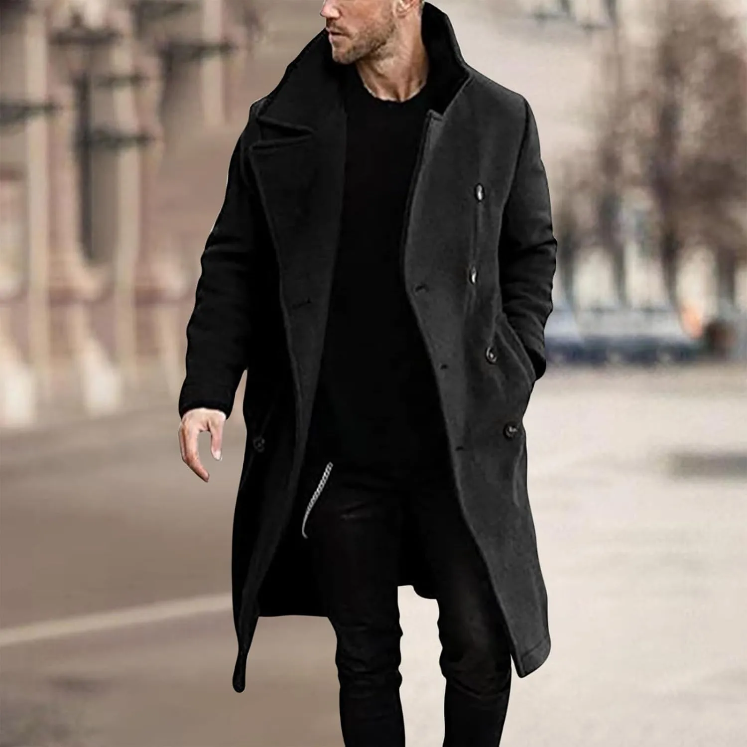 Trench Coat for Men Fashion Wool Blends Single Breasted Notched Collar Pea Coat Cotton-Padded Slim Fit Coat for Winter