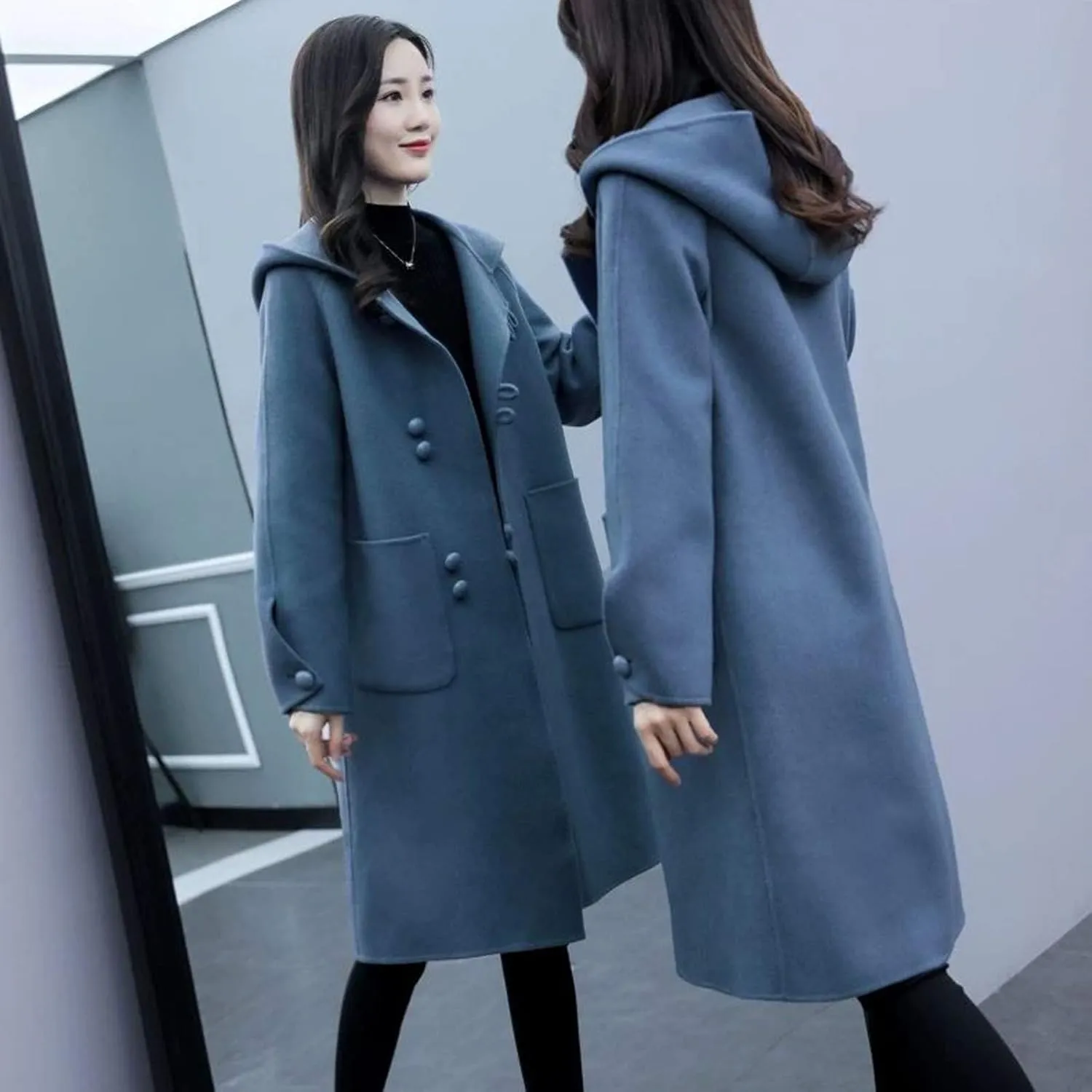Trench Coat Women Hooded Long Trench Coat Fall Winter Fashion Button Down Windproof Overcoat with Hood Pockets