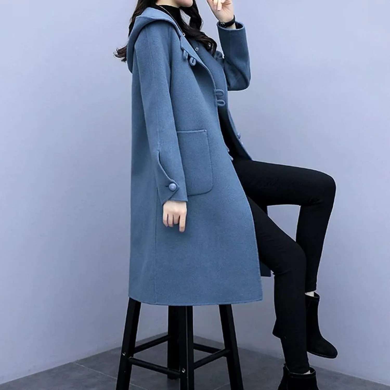 Trench Coat Women Hooded Long Trench Coat Fall Winter Fashion Button Down Windproof Overcoat with Hood Pockets