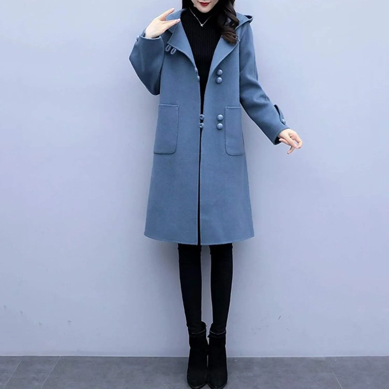 Trench Coat Women Hooded Long Trench Coat Fall Winter Fashion Button Down Windproof Overcoat with Hood Pockets