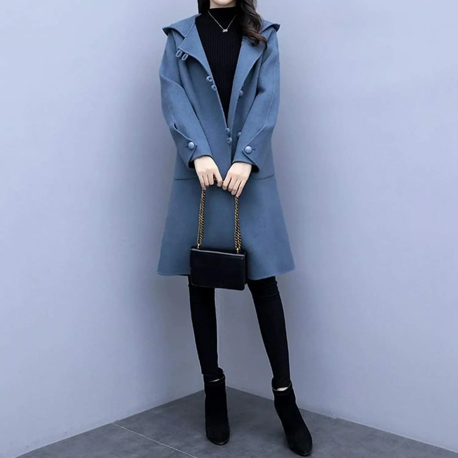 Trench Coat Women Hooded Long Trench Coat Fall Winter Fashion Button Down Windproof Overcoat with Hood Pockets