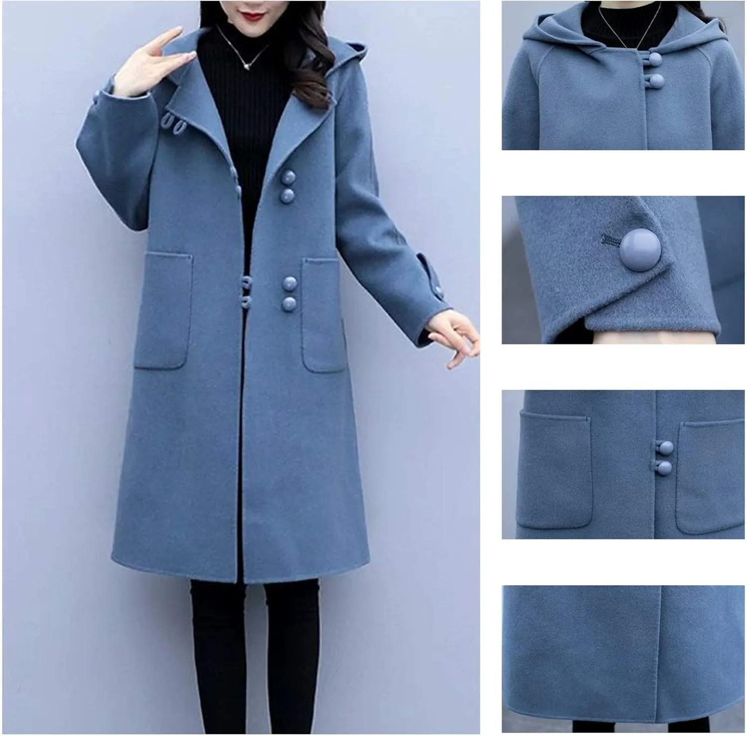 Trench Coat Women Hooded Long Trench Coat Fall Winter Fashion Button Down Windproof Overcoat with Hood Pockets