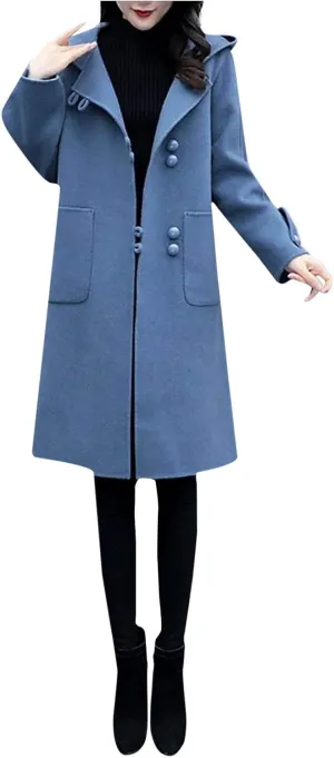 Trench Coat Women Hooded Long Trench Coat Fall Winter Fashion Button Down Windproof Overcoat with Hood Pockets