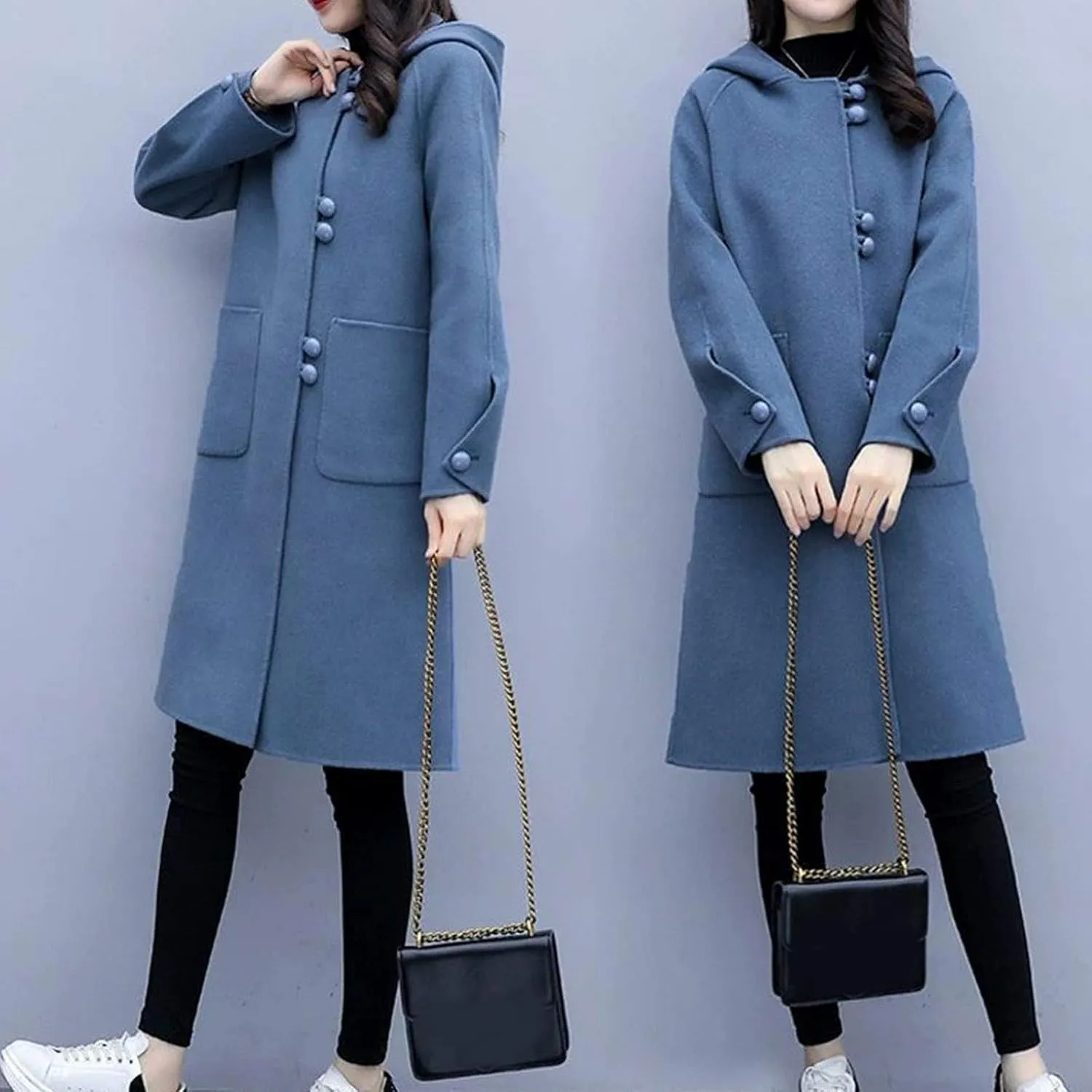 Trench Coat Women Hooded Long Trench Coat Fall Winter Fashion Button Down Windproof Overcoat with Hood Pockets