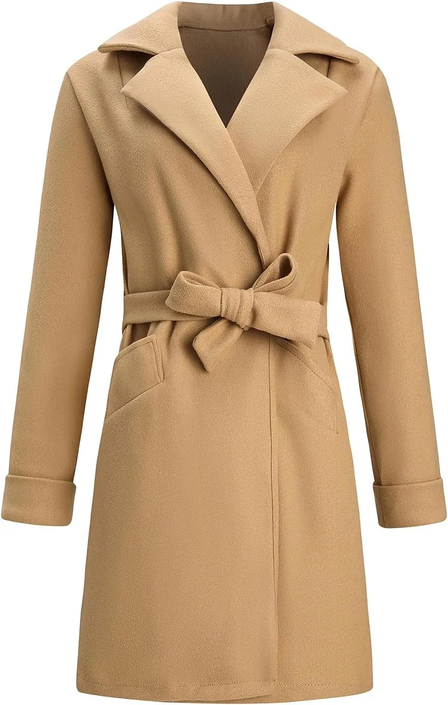 Trench Coats for Women Notch Lapel Jacket Dressy Long Pea Coat Fashion Outerwear Ladies Cardigan with Belt