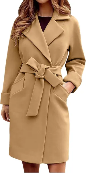 Trench Coats for Women Notch Lapel Jacket Dressy Long Pea Coat Fashion Outerwear Ladies Cardigan with Belt