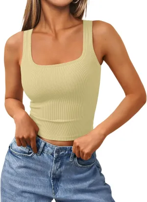 Trendy Queen Women's Summer Square Neck Tank Tops Workout Cropped Ribbed Summer Camisole Sleeveless Clothes 2025
