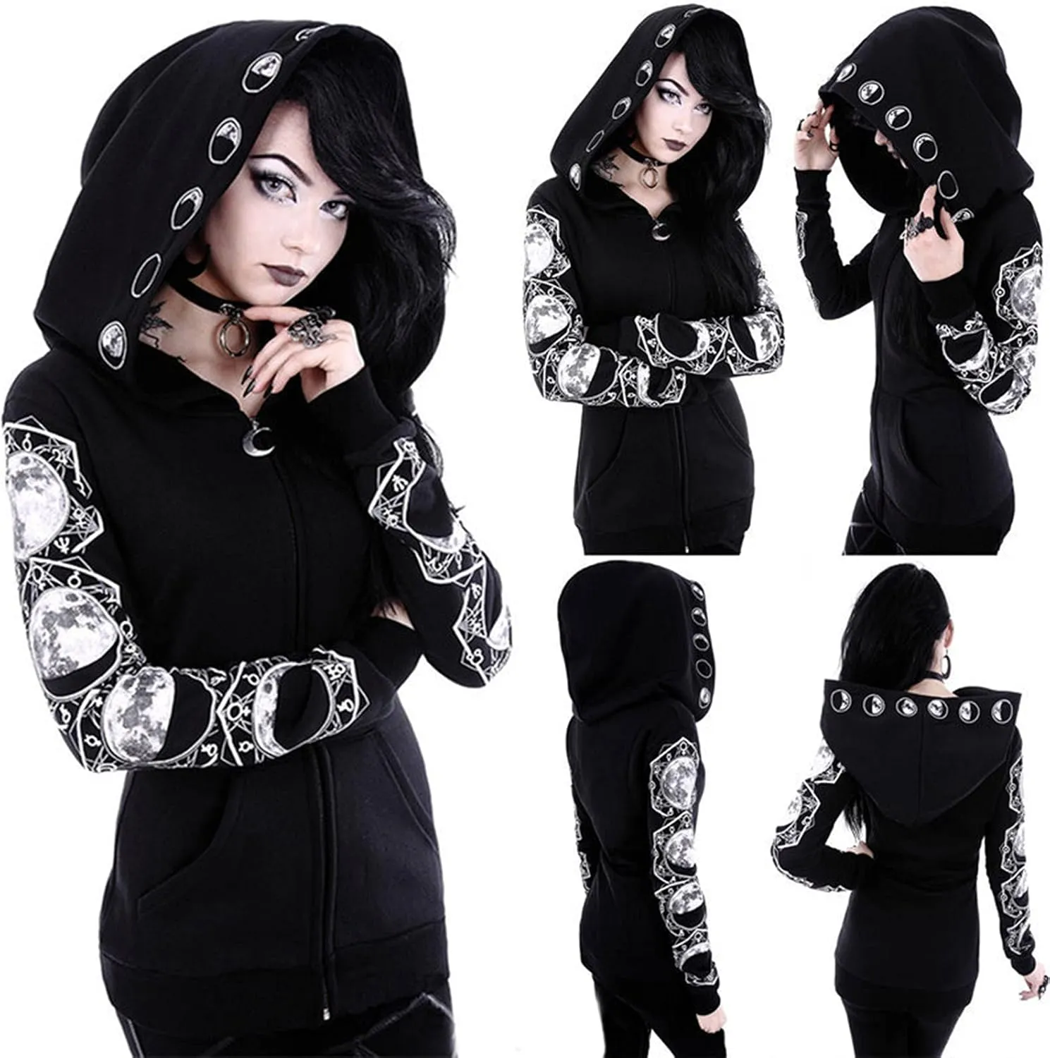 tuduoms Black Punk Gothic Hoodie Women Long Sleeve Zip Up Hoodie Moon Jacket Top Long Sweatshirts Plus Size Y2k Goth Clothing