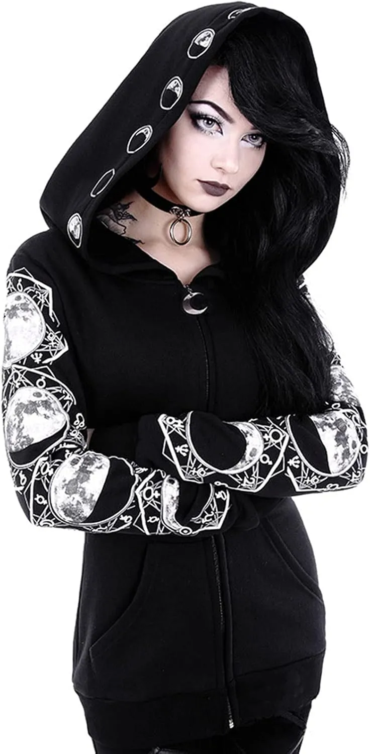tuduoms Black Punk Gothic Hoodie Women Long Sleeve Zip Up Hoodie Moon Jacket Top Long Sweatshirts Plus Size Y2k Goth Clothing