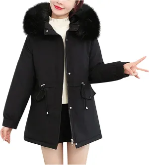 tuduoms Women's Thick Parka Winter Coat Cotton Padded Jacket Full Zip Warm Fur Hooded Outwear Lightweight Military Jacket