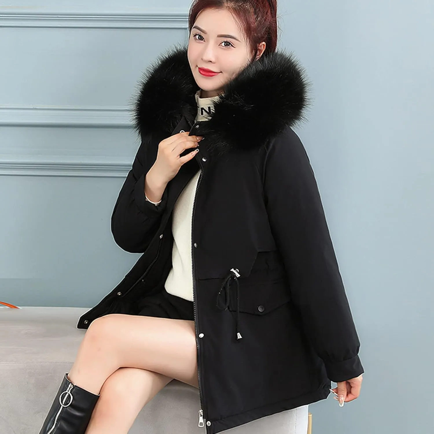 tuduoms Women's Thick Parka Winter Coat Cotton Padded Jacket Full Zip Warm Fur Hooded Outwear Lightweight Military Jacket