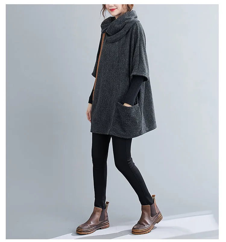 Turtleneck Sweater Knit Tunic Casual Style 3/4 Batwing Sleeve Oversized Charcoal