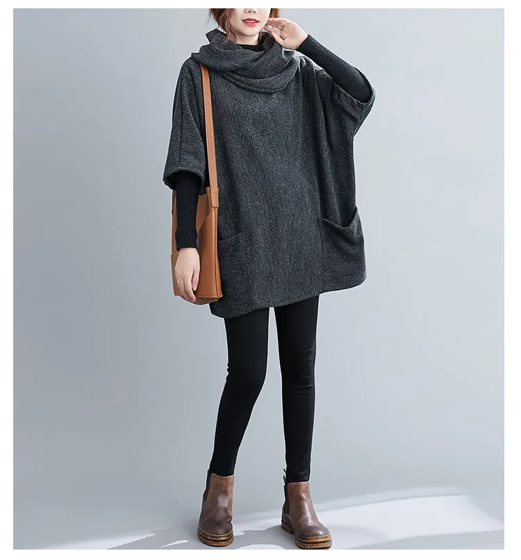Turtleneck Sweater Knit Tunic Casual Style 3/4 Batwing Sleeve Oversized Charcoal