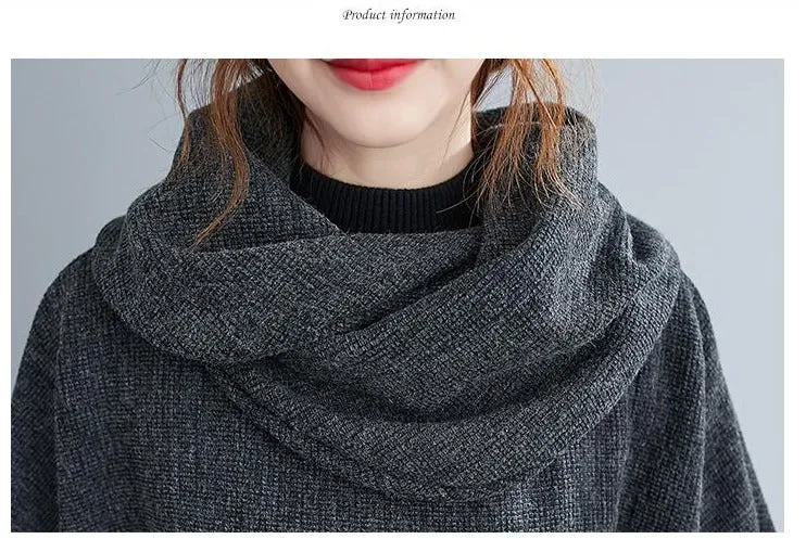 Turtleneck Sweater Knit Tunic Casual Style 3/4 Batwing Sleeve Oversized Charcoal