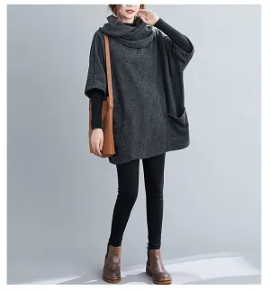 Turtleneck Sweater Knit Tunic Casual Style 3/4 Batwing Sleeve Oversized Charcoal