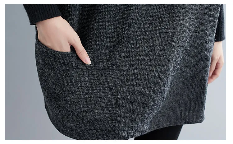 Turtleneck Sweater Knit Tunic Casual Style 3/4 Batwing Sleeve Oversized Charcoal