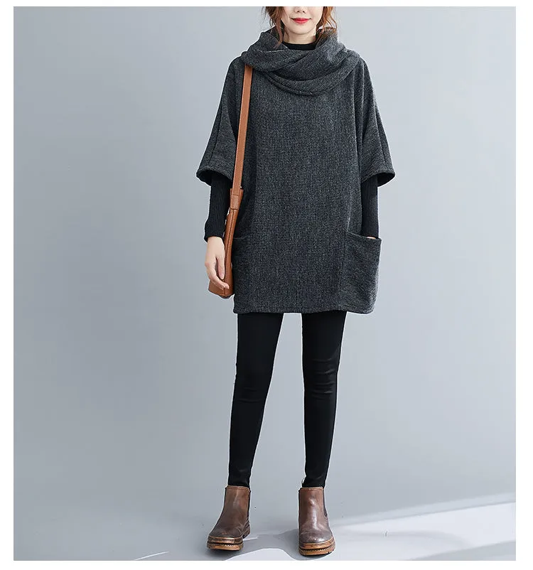 Turtleneck Sweater Knit Tunic Casual Style 3/4 Batwing Sleeve Oversized Charcoal