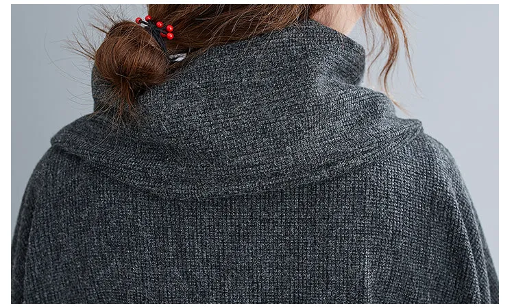 Turtleneck Sweater Knit Tunic Casual Style 3/4 Batwing Sleeve Oversized Charcoal