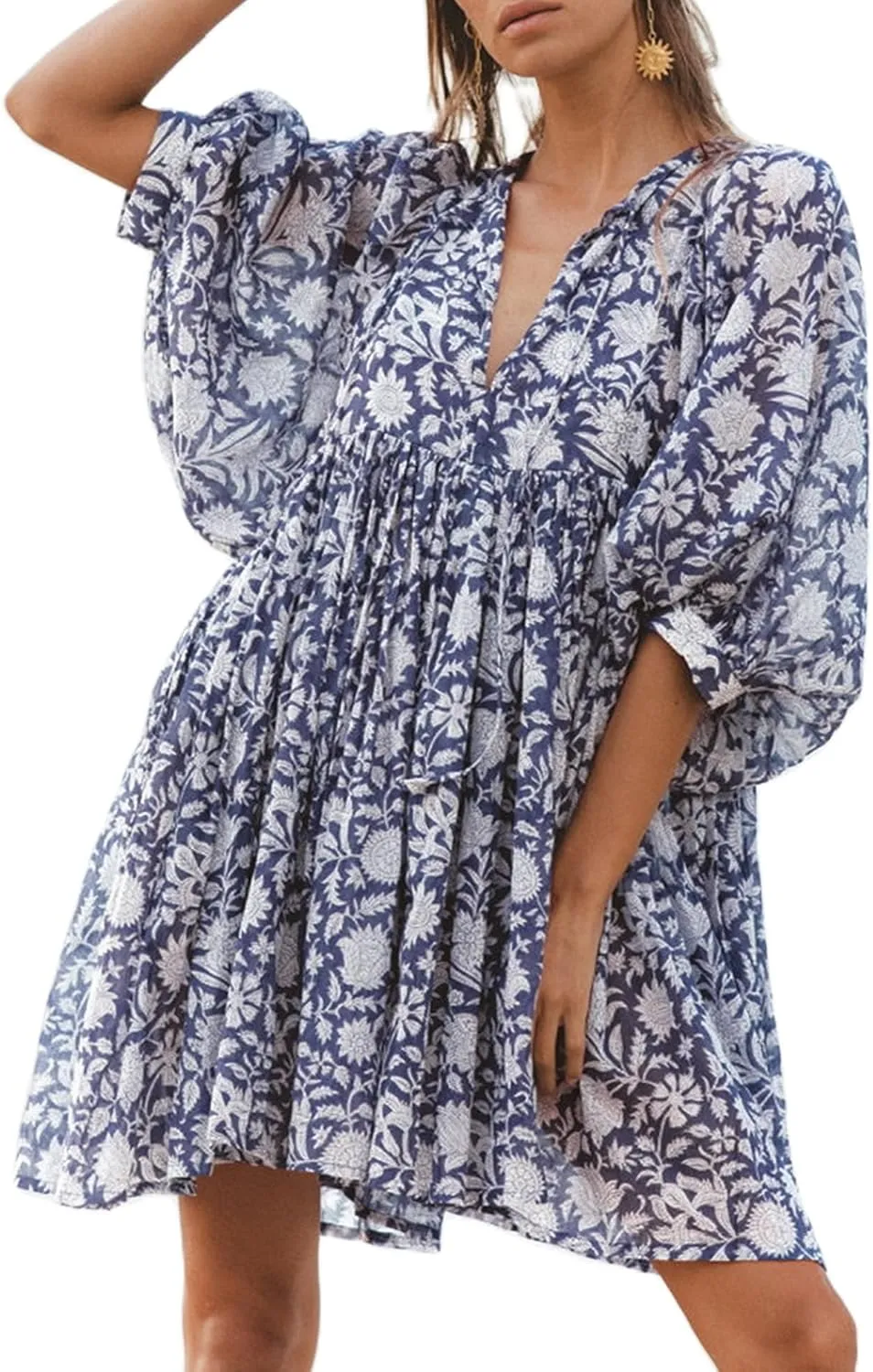 UAURORAO Women Boho Floral Babydoll Dress Puff Sleeve Ruffle Tunic Shirt Dress Flowy A Line Bohemian Short Sundress
