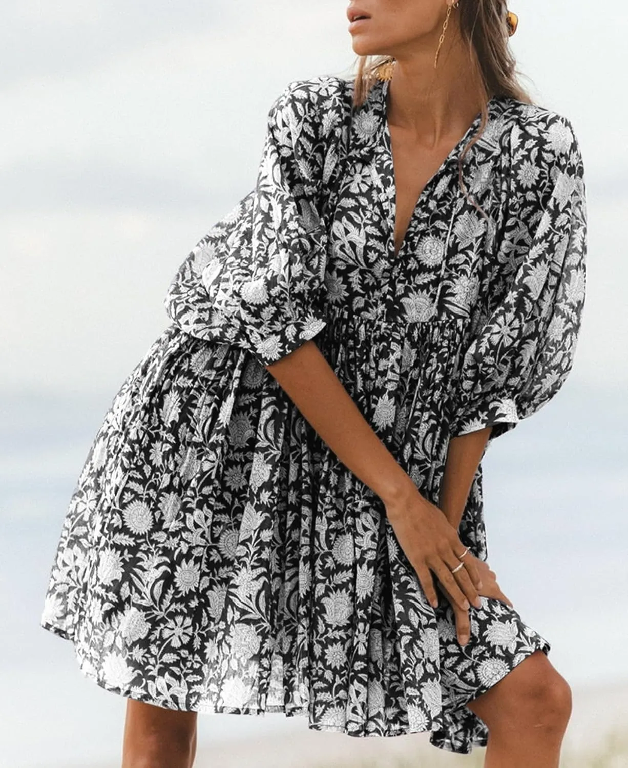 UAURORAO Women Boho Floral Babydoll Dress Puff Sleeve Ruffle Tunic Shirt Dress Flowy A Line Bohemian Short Sundress