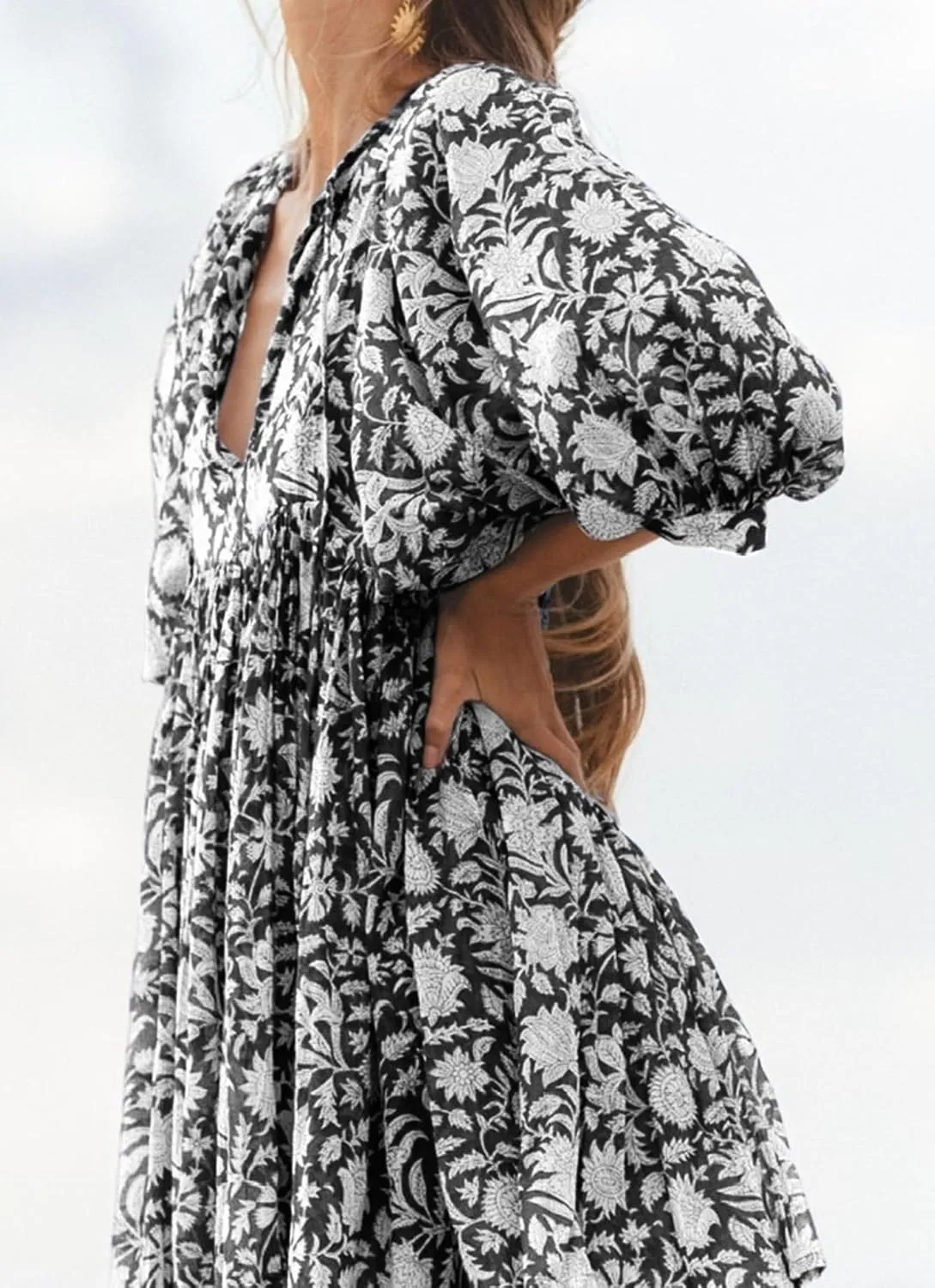 UAURORAO Women Boho Floral Babydoll Dress Puff Sleeve Ruffle Tunic Shirt Dress Flowy A Line Bohemian Short Sundress