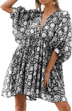 UAURORAO Women Boho Floral Babydoll Dress Puff Sleeve Ruffle Tunic Shirt Dress Flowy A Line Bohemian Short Sundress