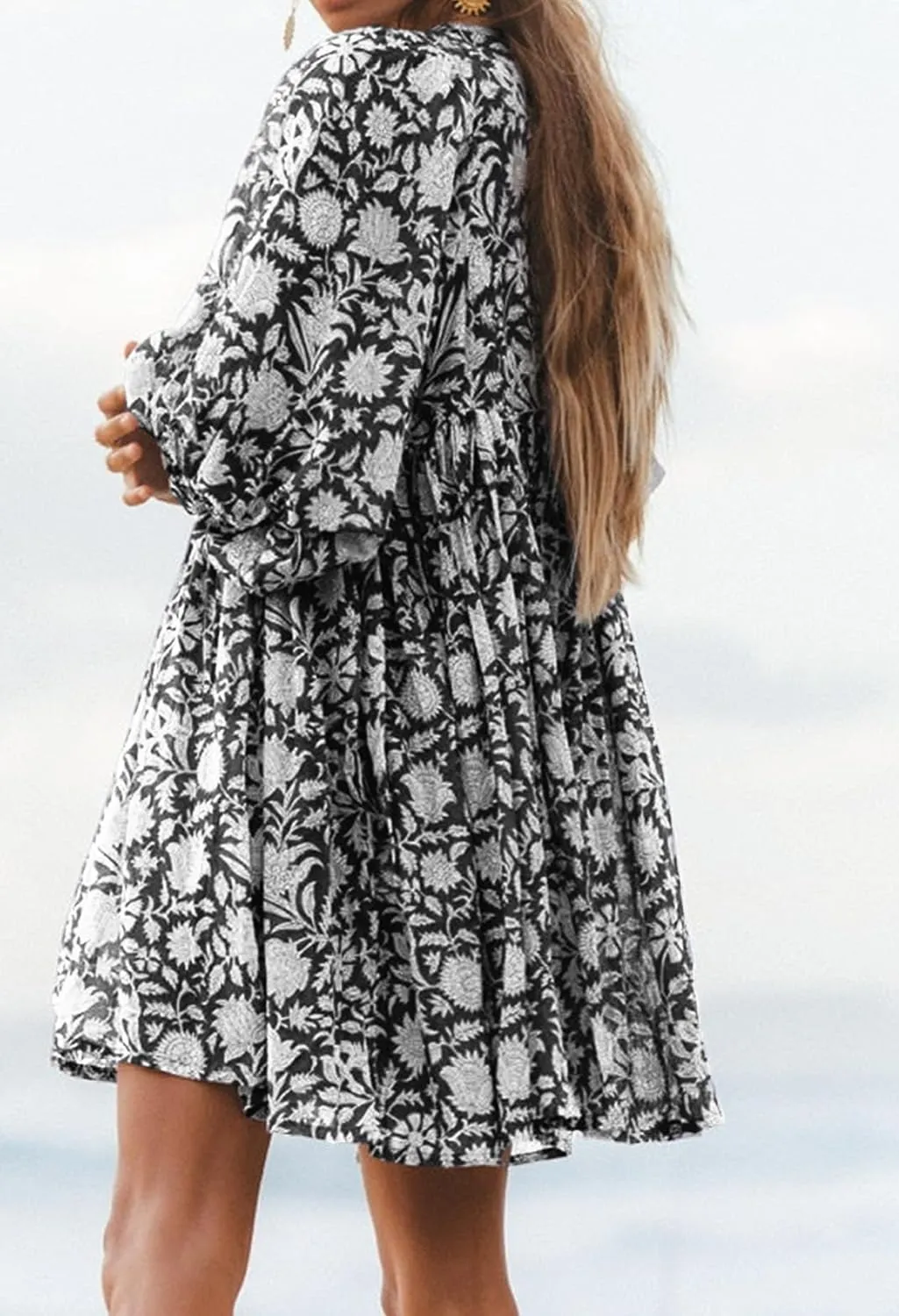UAURORAO Women Boho Floral Babydoll Dress Puff Sleeve Ruffle Tunic Shirt Dress Flowy A Line Bohemian Short Sundress