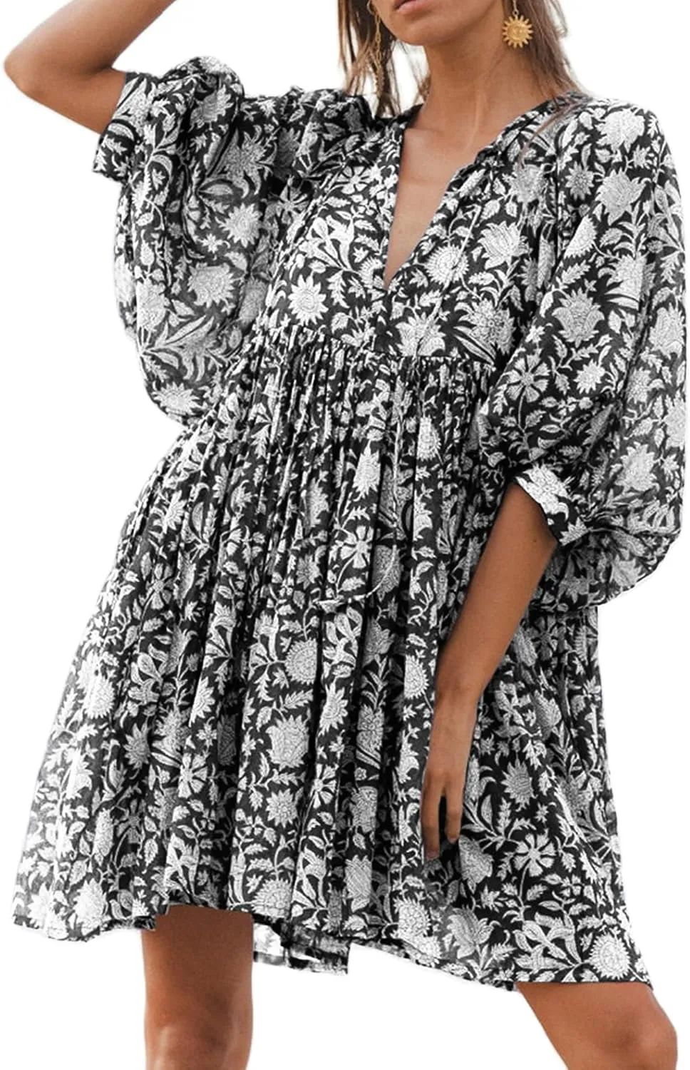 UAURORAO Women Boho Floral Babydoll Dress Puff Sleeve Ruffle Tunic Shirt Dress Flowy A Line Bohemian Short Sundress