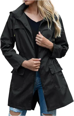Uillui Womens Lightweight Hooded Trench Coat Waterproof Active Outdoor Rain Jacket Solid Color Mid-Length Windbreaker Jacket
