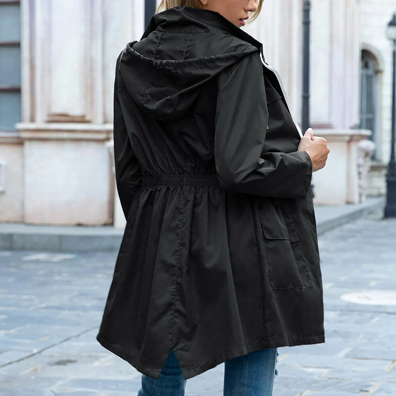 Uillui Womens Lightweight Hooded Trench Coat Waterproof Active Outdoor Rain Jacket Solid Color Mid-Length Windbreaker Jacket