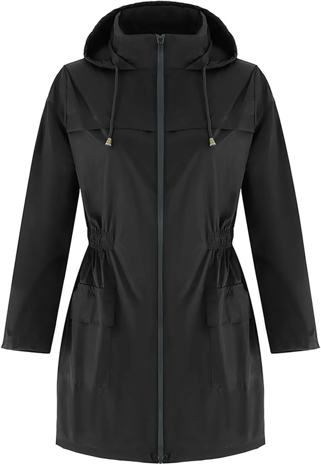 Uillui Womens Lightweight Hooded Trench Coat Waterproof Active Outdoor Rain Jacket Solid Color Mid-Length Windbreaker Jacket