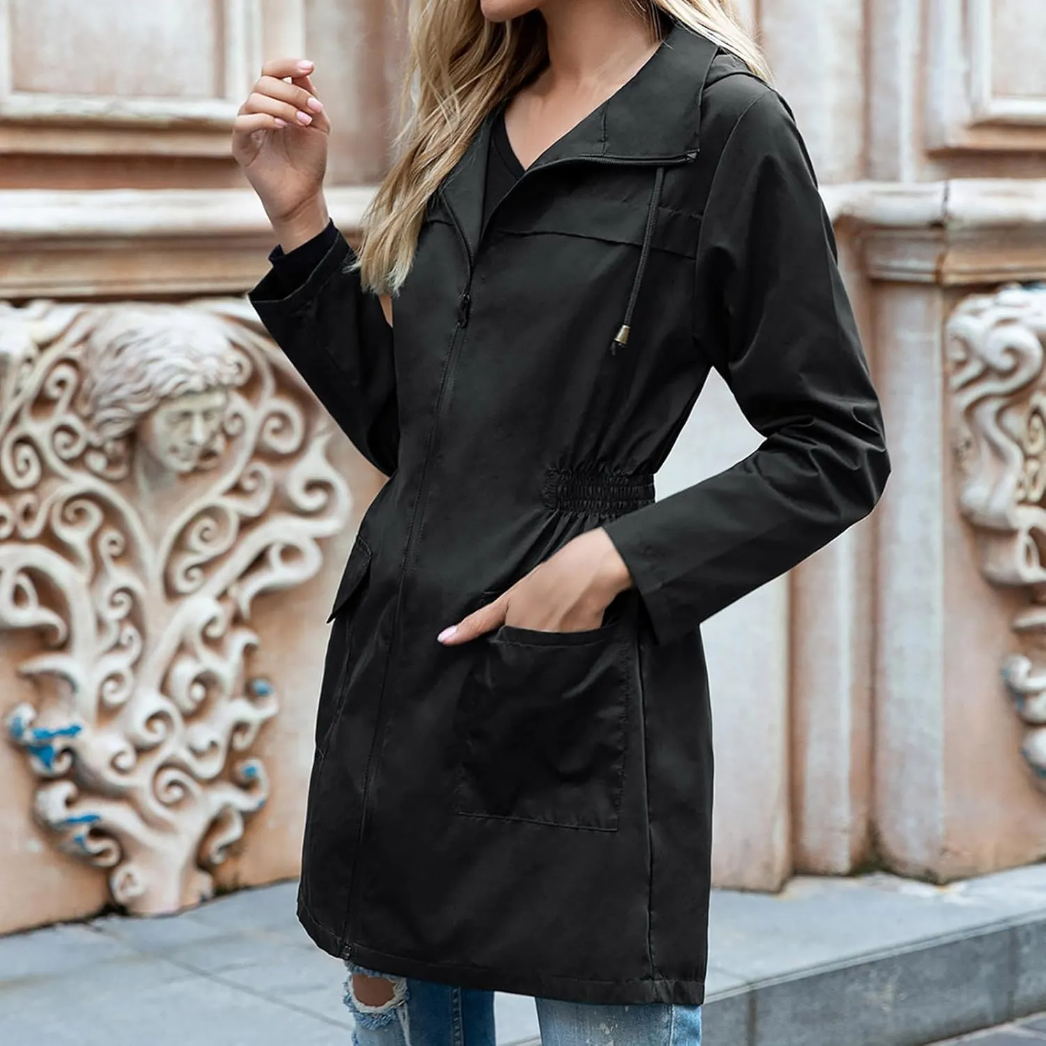 Uillui Womens Lightweight Hooded Trench Coat Waterproof Active Outdoor Rain Jacket Solid Color Mid-Length Windbreaker Jacket