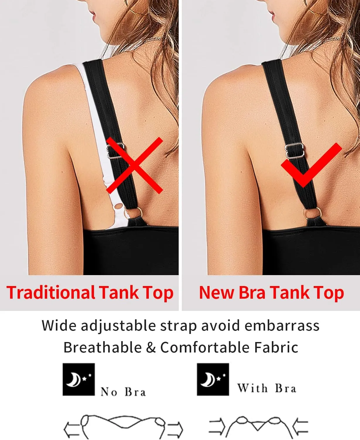 V FOR CITY Tank Top for Women with Built-in Padded Bra Adjustable Wide Strap Camisole Cotton Cami Shirts