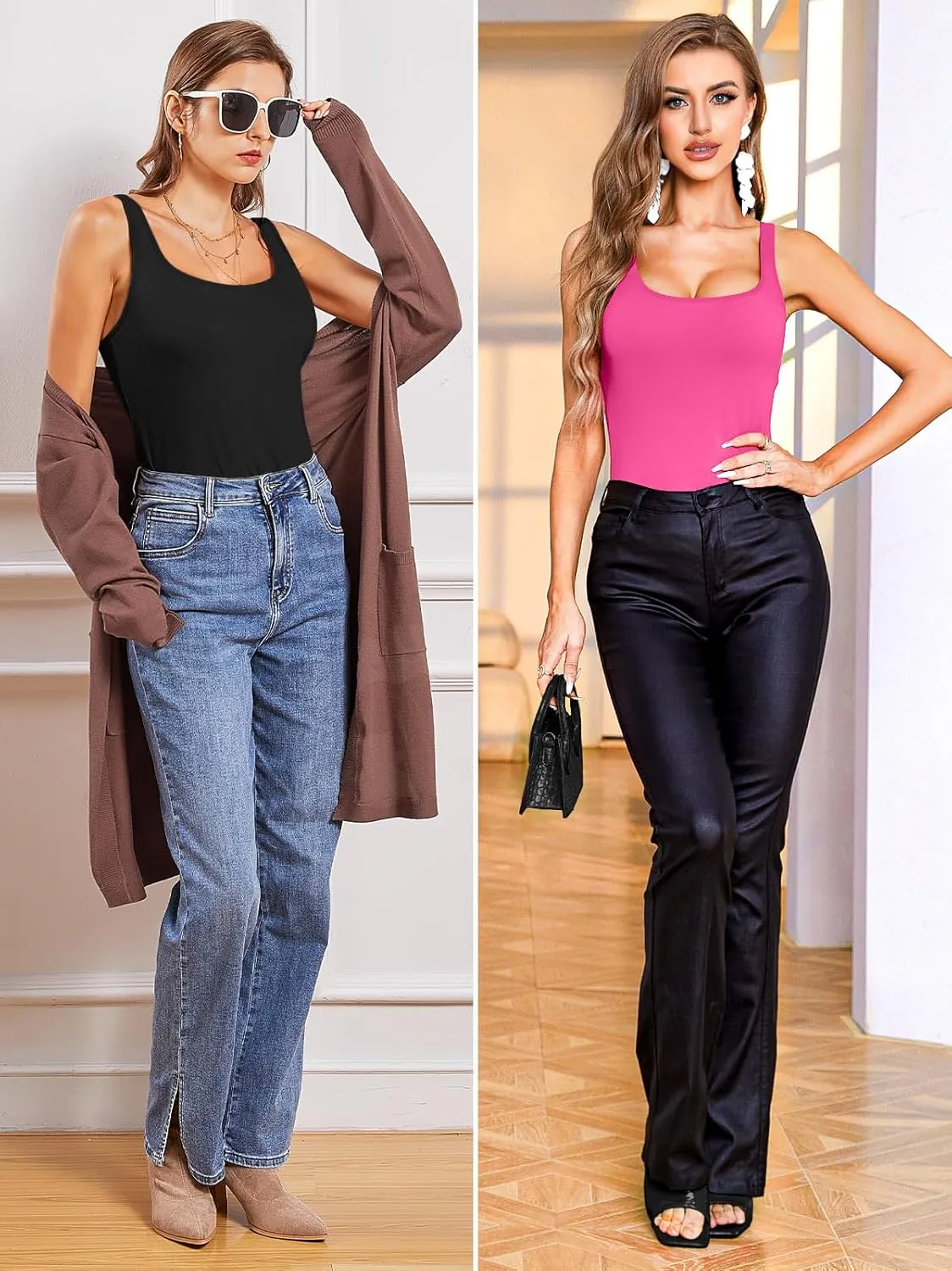 V FOR CITY Tank Top for Women with Shelf Bra Cotton Adjustable Wide Strap Camisole Basic Cami Shirts 2 Pack