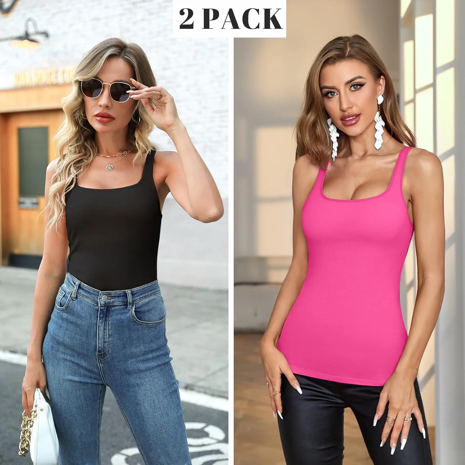 V FOR CITY Tank Top for Women with Shelf Bra Cotton Adjustable Wide Strap Camisole Basic Cami Shirts 2 Pack