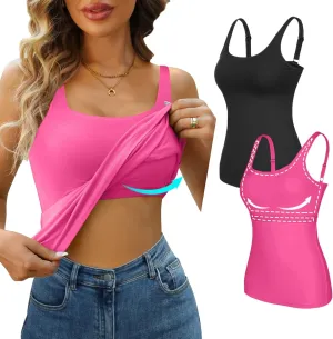 V FOR CITY Tank Top for Women with Shelf Bra Cotton Adjustable Wide Strap Camisole Basic Cami Shirts 2 Pack