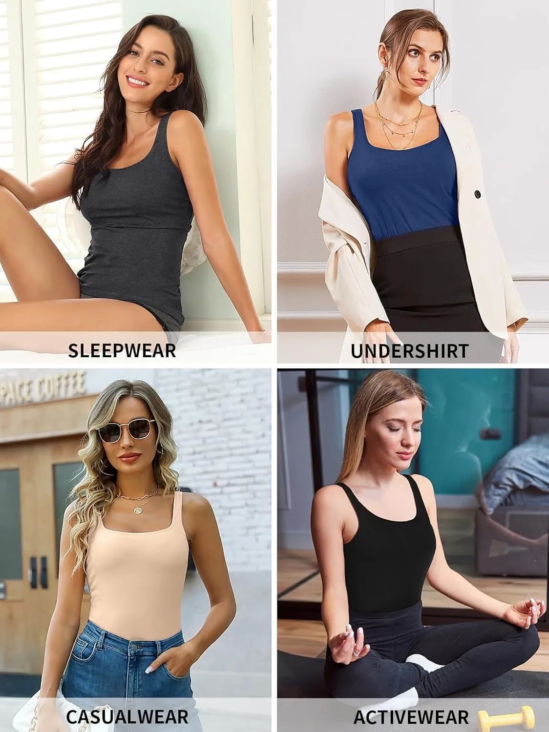 V FOR CITY Women's Cotton Tank Top with Shelf Bra Adjustable Wider Strap Camisole Basic Cami Tanks