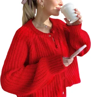 VDWIP Womens Cardigan Sweaters Button Down Chunky Knit Sweater Fall Loose Long Sleeve Cropped Cardigan