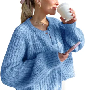 VDWIP Womens Cardigan Sweaters Button Down Chunky Knit Sweater Fall Loose Long Sleeve Cropped Cardigan