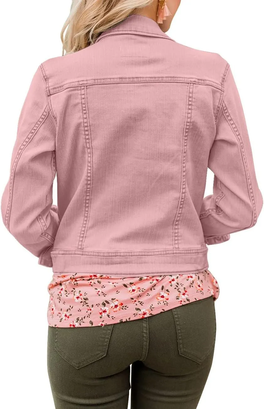 Vetinee Womens Stretch Button Down Long Sleeve Pockets Denim Jean Trucker Jacket