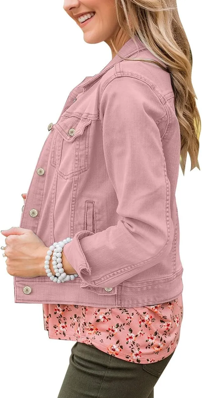 Vetinee Womens Stretch Button Down Long Sleeve Pockets Denim Jean Trucker Jacket