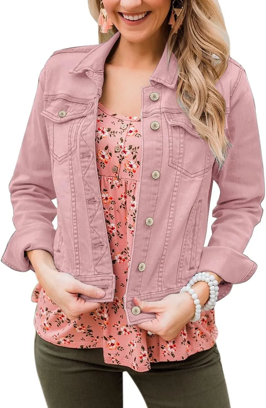Vetinee Womens Stretch Button Down Long Sleeve Pockets Denim Jean Trucker Jacket