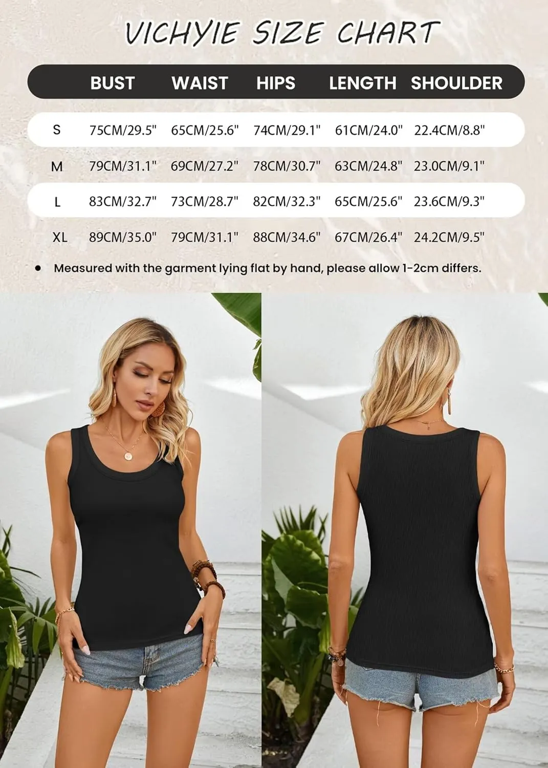 VICHYIE Womens Summer Tank Tops Crewneck Sleeveless Shirts Ribbed Tanks Slim Fitted Casual Basic Tee Shirt