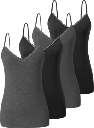 Vislivin Plain Camisole for Women Lace Tank Tops V Neck Adjustable Cami Sexy Undershirts 4 Pack