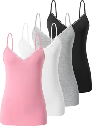 Vislivin Plain Camisole for Women Lace Tank Tops V Neck Adjustable Cami Sexy Undershirts 4 Pack