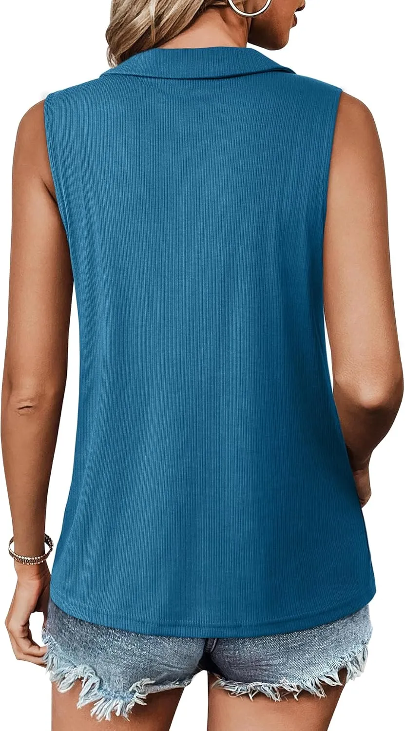 Vivilli Womens Ribbed Tank Top Zipper V Neck Dressy Casual Blouses Sleeveless Camisole Tops Work Tank Polo Shirts